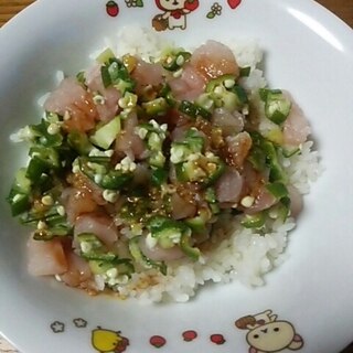 オクラとマグロのわさび醤油丼